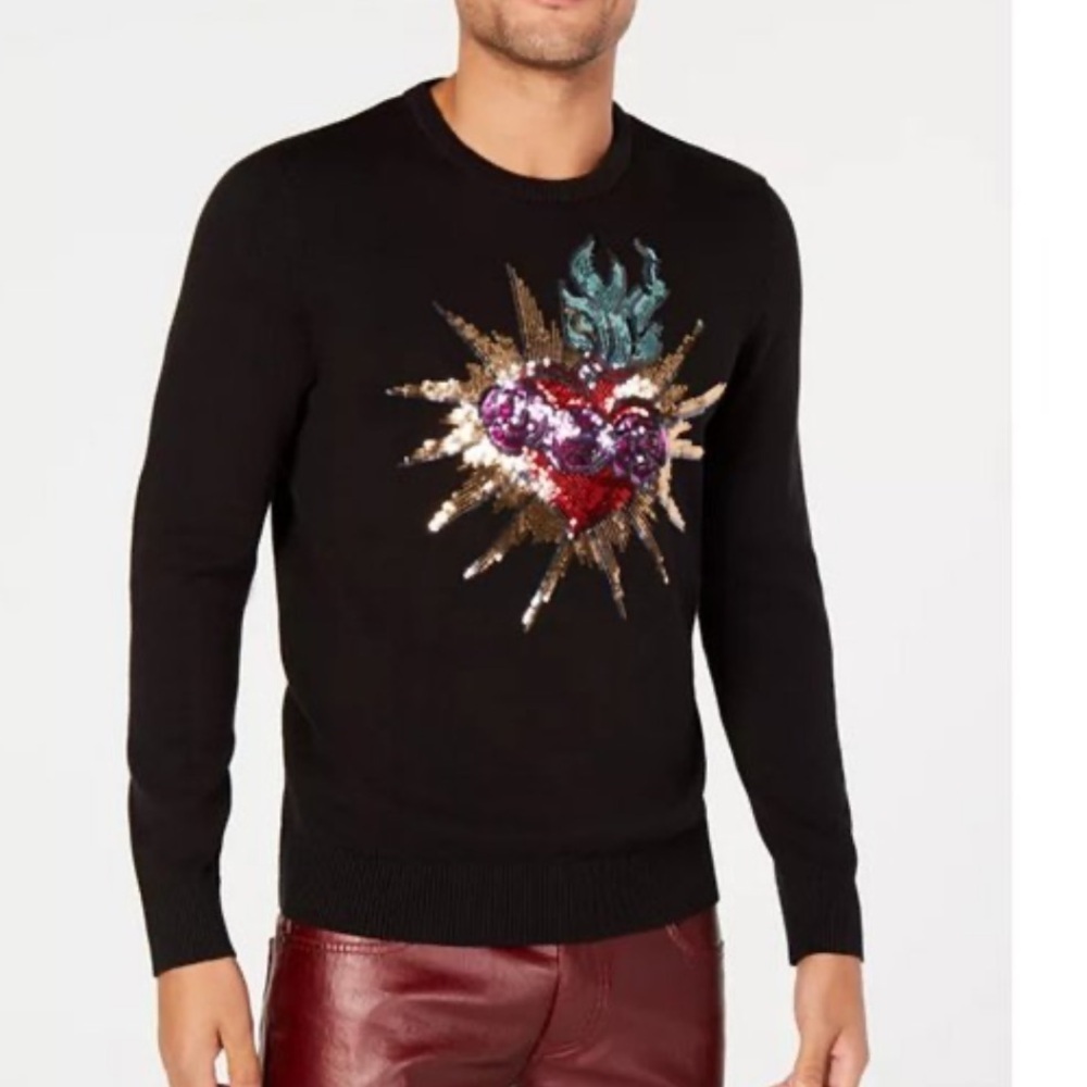 INC Black Rave Sequined Heart‎ Streetwear Knit Sweater Sz XL heart
